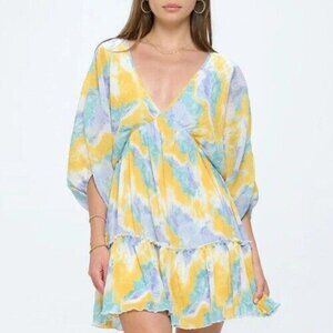 HIGHLAND PARK Size Medium Mini Dress Blue Yellow Ruffle Dolman Short Sleeve